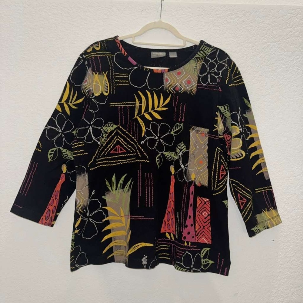 Additions by Chico's Women's Size 3 Art to Wear Top 3/4 Sleeves Boho Zoo Safari